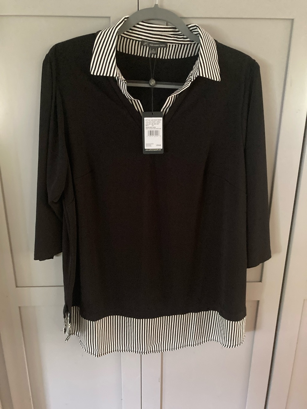 Adrianna Papell Black Top with Black-and-White Striped Collar & Hem NWT